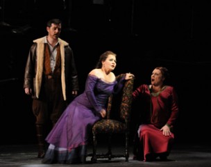 James Egglestone as Cassio, Lianna Haroutounian as Desdemona and Jacqueline Dark as Emilia. 