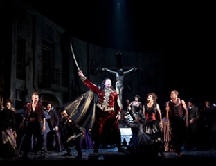 Teddy Tahu Rhodes (Mephistopheles) and Dancers in Opera Australia's Faust.  Photo by Lisa Tomasetti. 
