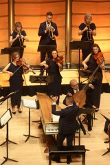 Telemann's Concerto for three trumpets in D major. Baroque trumpeters (L-R) Leanne Sullivan, Rainer Saville and Helen Gill with Baroque violists (l-R) Monique O'Dea, Marianne Yeomans and Shelley Sorensen with Paul Dyer directing from the harpsichord at the opening night of the Australian Brandenburg Orchestra's Recorder Revolutionary at the City Recital Hall.