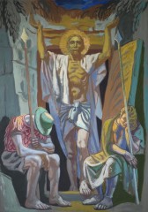 Jesus is resurrected by Hans Feibusch 1968. The painting hangs in the church.