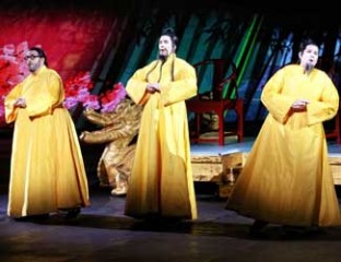 Benjamin Rasheed (Pang), Luke Gabbedy (Ping) and John Longmuir (Pong) in Handa Opera on Sydney Harbour — Turandot Photo credit: Prudence Upton