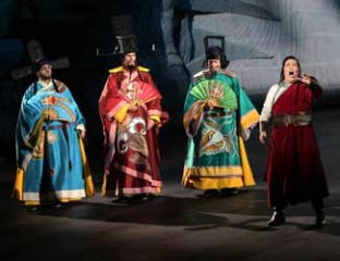 Benjamin Rasheed (Pang), Luke Gabbedy (Ping), John Longmuir (Pong) and Arnold Rawls (Calàf) in Handa Opera on Sydney Harbour — Turandot Photo credit: Prudence Upton