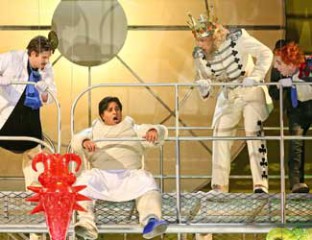 Luke Gabbedy (Pantaloon), Rosario La Spina (The Prince), David Parkin (The King of Clubs) and Kanen Breen (Truffaldino) in Opera Australia's production of The Love for Three Oranges. Photo credit: Prudence Upton