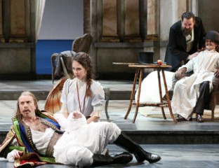 Andrew Jones as Guglielmo, Anna Dowsley as Dorabella, Richard Anderson as Don Alfonso and Taryn Fiebig as Despina. Photo credit: Prudence Upton.
