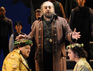 Diego Torre as Gabriele Adorno, George Petean as Simon Boccanegra and Natalie Aroyan as Amelia Grimaldi in Opera Australia’s production of Simon Boccanegra. Photo by Branco Gaica.