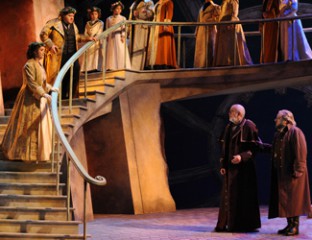 Diego Torre as Gabriele Adorno, Natalie Aroyan as Amelia Grimaldi, Giacomo Prestia as Jacopo Fiesco, George Patean as Simon Boccanegra and the Opera Australia Chorus in Opera Australia’s production of Simon Boccanegra as Sydney Opera House. Photo by Branco Gaica.