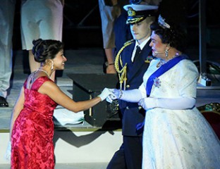 Stacey Alleaume as Alexandra Mason and Gerry Connolly as The Queen