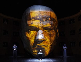 Gennadi Dubinsky as Archiereios, Michael Honeyman as King Roger and Dominica Matthews as Deaconess in Opera Australia’s King Roger. Photo credit: Keith Saunders