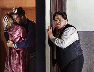 Anna Princeva as Nedda, Samuel Dundas as Silvio and Diego Torre as Canio in Pagliacci. Photo credit: Keith Saunders.