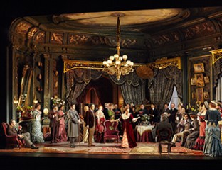 Adrian Tamburini as Baron Douphol, John Longmuir as Gastone, Ho-Yoon Chung as Alfredo Germont, Ermonela Jaho as Violetta Valéry, Samuel Dundas as Marquis D’Obigny, Dominica Matthews as Flora Bervoix and the Opera Australia Chorus in Opera Australia’s production of La Traviata. Photo credit: Keith Saunders