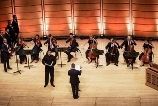 Counter-tenor Maximilian Riebl and Paul Dyer at the harpsichord with the violas and cellos of the Australian Brandenburg Orchestra